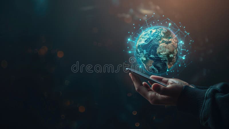 Generacyjna karta ai wyświetlacza sieci wirtualnej na smartfonie z koncepcją przestrzeni kopiowania umożliwiającą łączność globaln royalty ilustracja