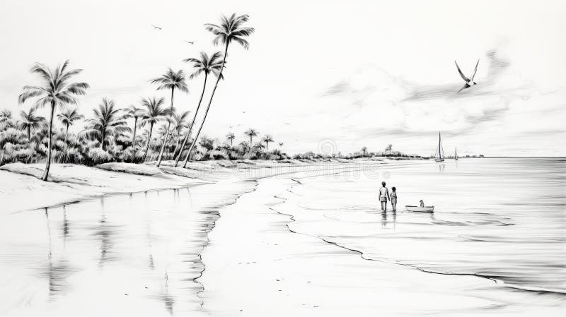 Black And White Beach Drawings: Tropical Landscapes In Noir Comic Art Style. Generado por ai