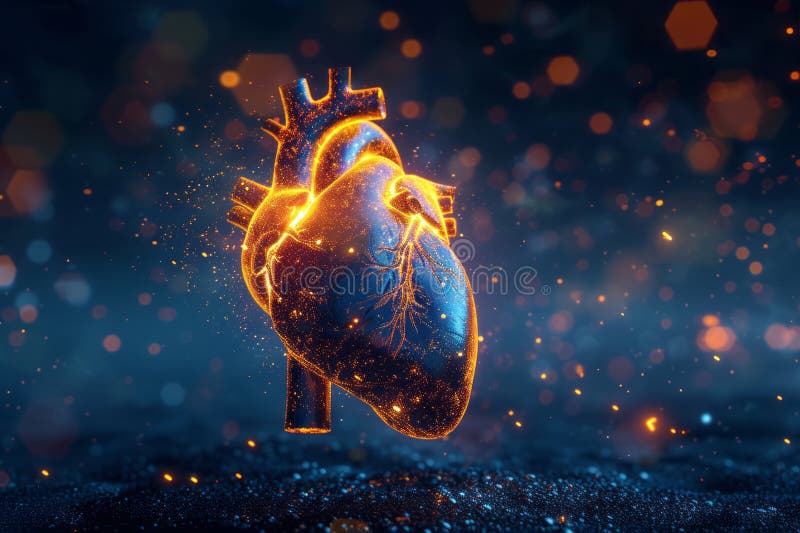 Futuristic hologram of a human heart, illuminated in orange on a dark background. The concept of innovation in. Generado por ai