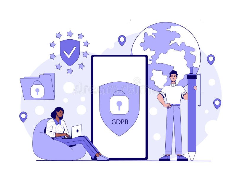 General Data Protection Regulation. Man with pencil and woman near smartphone with gdpr shield. Computing and business technology stock illustration