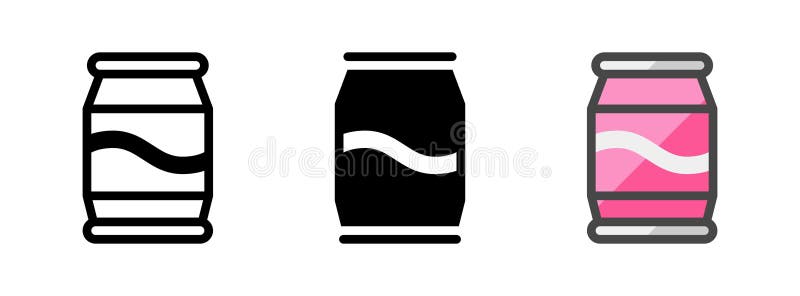 Three stylized soda can icons are displayed side by side. The first icon is a simple black and white outline with a wavy line in the center. The second icon is solid black with a white wavy line. The third icon features a pink can with a gray outline and a white wavy line. Each can is cylindrical with a uniform top and bottom, maintaining a minimalist and modern aesthetic. Coke can vectors