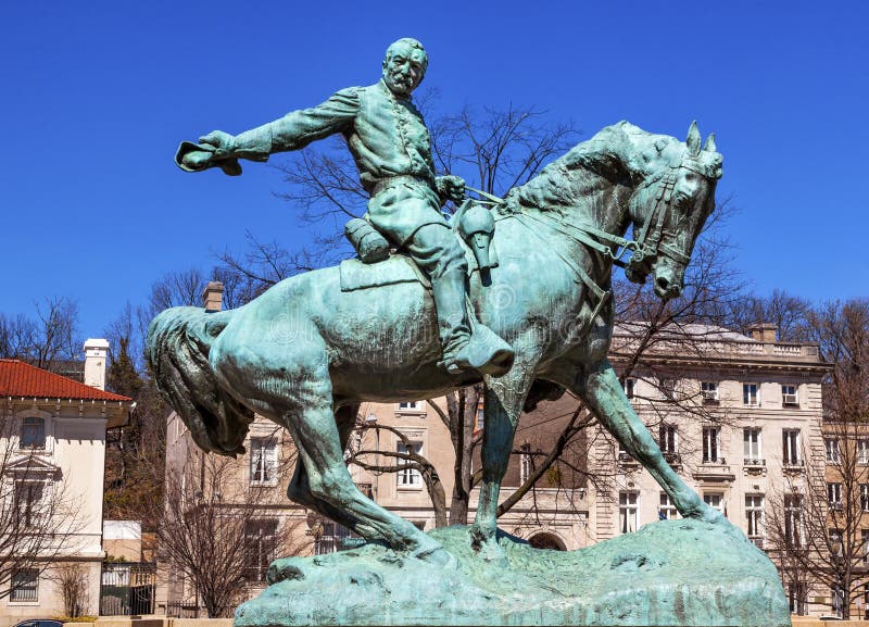 General Phil Sheridan Memorial Civil War Statue Sheridan Circle Embassy Row Pennsylvania Ave Washington DC. Bronze statue dedicated in 1908; sculptor is Gutzon Borglum. Public monument owned by the National Park Service. Statue depicts Sheridan riding his horse Rienzi to rally his troops at the Battle of Cedar Creek in 1864. General Phil Sheridan Memorial Civil War Statue Sheridan Circle Embassy Row Pennsylvania Ave Washington DC. Bronze statue dedicated in 1908; sculptor is Gutzon Borglum. Public monument owned by the National Park Service. Statue depicts Sheridan riding his horse Rienzi to rally his troops at the Battle of Cedar Creek in 1864.