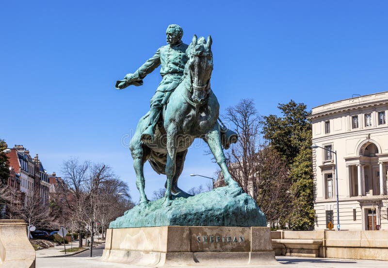 General Phil Sheridan Memorial Civil War Statue Sheridan Circle Embassy Row Pennsylvania Ave Washington DC. Bronze statue dedicated in 1908; sculptor is Gutzon Borglum. Public monument owned by the National Park Service. Statue depicts Sheridan riding his horse Rienzi to rally his troops at the Battle of Cedar Creek in 1864. General Phil Sheridan Memorial Civil War Statue Sheridan Circle Embassy Row Pennsylvania Ave Washington DC. Bronze statue dedicated in 1908; sculptor is Gutzon Borglum. Public monument owned by the National Park Service. Statue depicts Sheridan riding his horse Rienzi to rally his troops at the Battle of Cedar Creek in 1864.