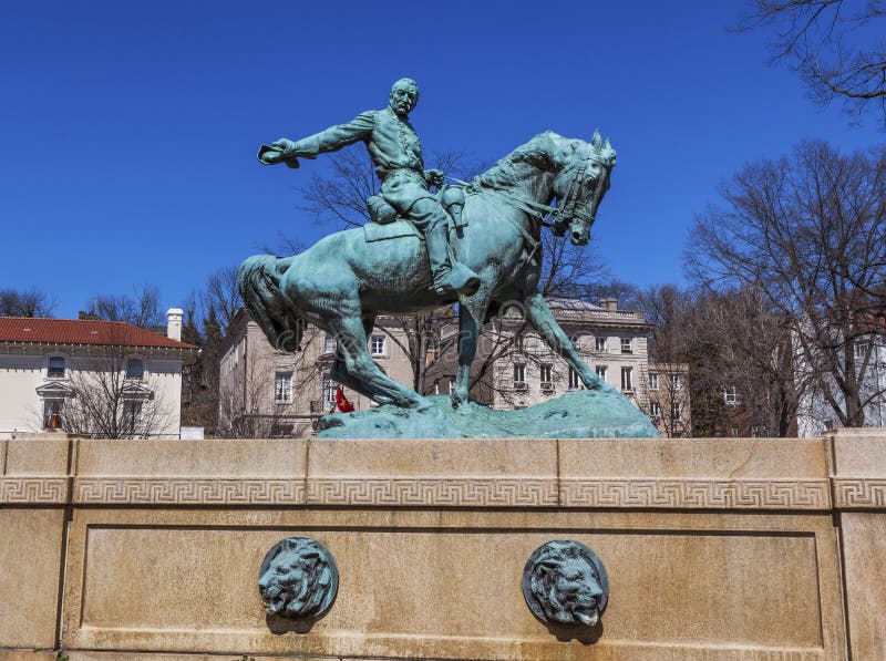 General Phil Sheridan Pedestal Memorial Civil War Statue Sheridan Circle Embassy Row Pennsylvania Ave Washington DC. Bronze statue dedicated in 1908; sculptor is Gutzon Borglum. Public monument owned by the National Park Service. Statue depicts Sheridan riding his horse Rienzi to rally his troops at the Battle of Cedar Creek in 1864. General Phil Sheridan Pedestal Memorial Civil War Statue Sheridan Circle Embassy Row Pennsylvania Ave Washington DC. Bronze statue dedicated in 1908; sculptor is Gutzon Borglum. Public monument owned by the National Park Service. Statue depicts Sheridan riding his horse Rienzi to rally his troops at the Battle of Cedar Creek in 1864.