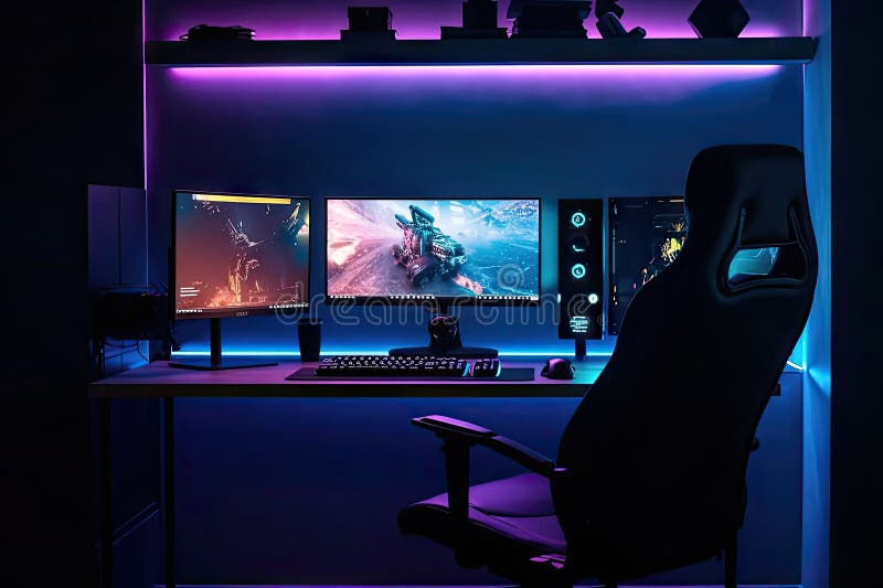 General view of home workplace of pro gamer with professional