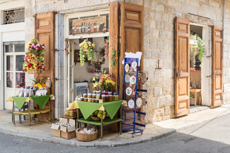 A general view of a local produce shop in the old souk of Douma, traditional Lebanese village, Lebanon