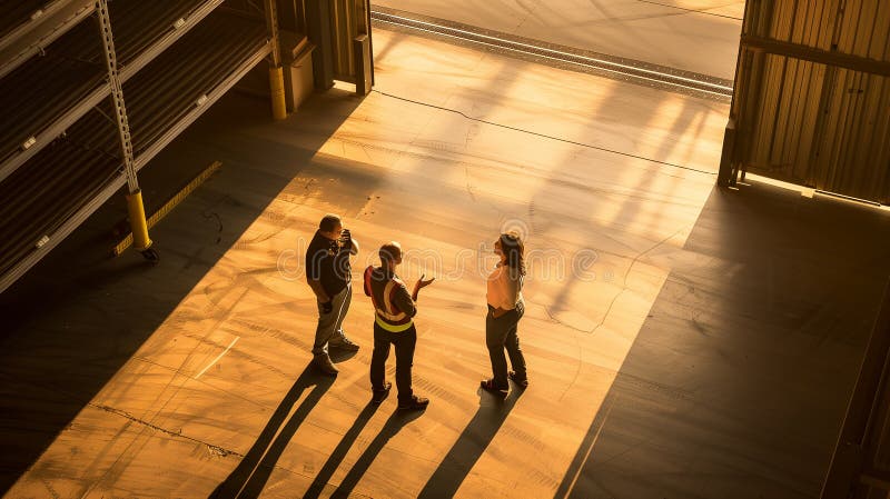 Warehouse supply chain facility distribution center logistics team and shipping goods from above - Gen AI vector illustration