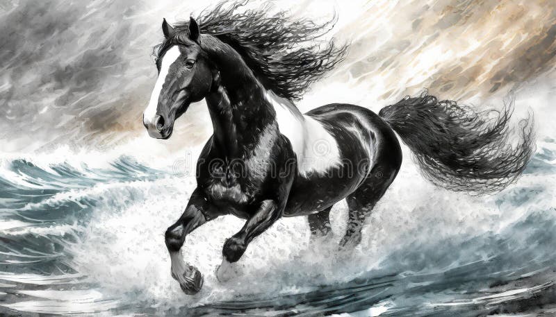 Storm Clydesdale: A Majestic Digital Illustration Of A Black And White Horse. a black horse galloping through water is depicted in this digital illustration. the artwork features a high-contrast shading with a combination of dark white and light blue tones. the characterful animal portrait showcases the horse s strength and grace. the artist s technique includes elements of magewave, airbrushing, and voluminous mass, creating a visually captivating image. ai generated