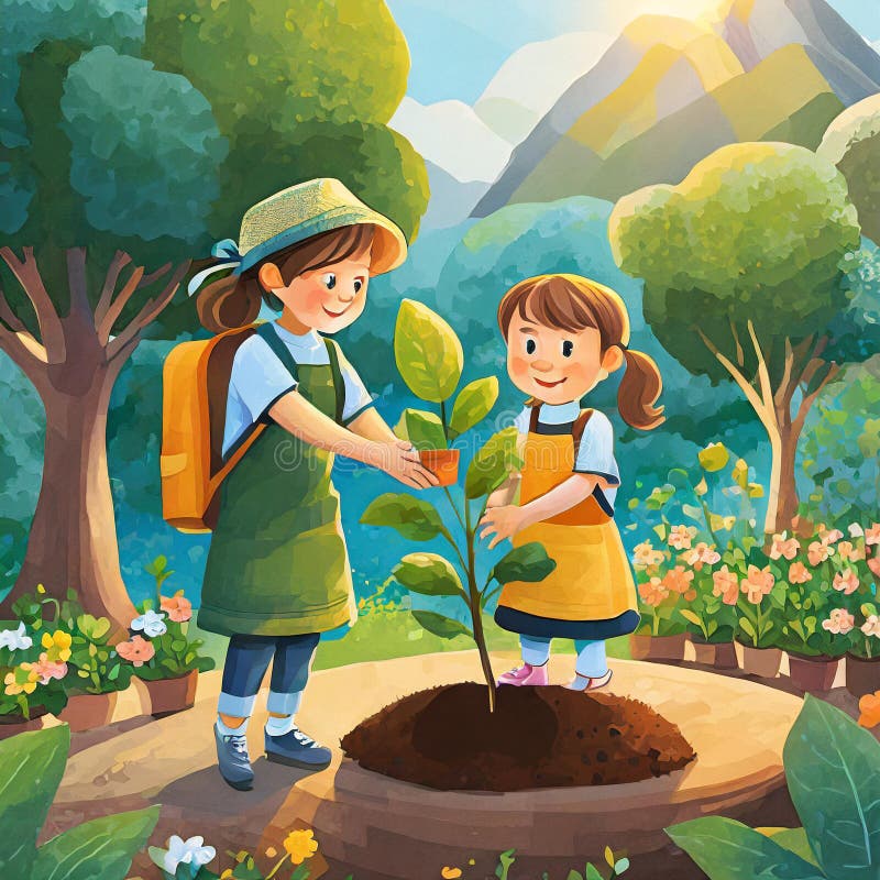 Kids planting tree royalty free illustration.