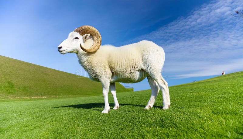 Full body view of a furry large male ram, standing on a green grass field
