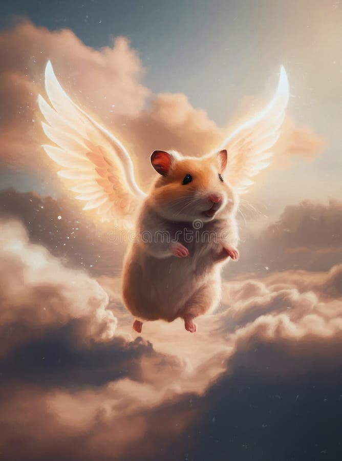 Cute hamster angel in animal heaven. Oil painting on canvas with texture and brush strokes. Grief card. Ideal of crematories, pet shops, parents and friends. Painting watercolor Pet paradise Afterlife