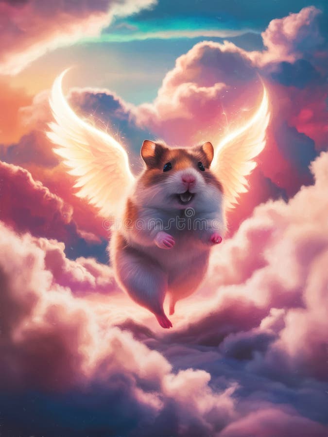 Cute hamster angel in animal heaven. Oil painting on canvas with texture and brush strokes. Grief card. Ideal of crematories, pet shops, parents and friends. Painting watercolor Pet paradise Afterlife