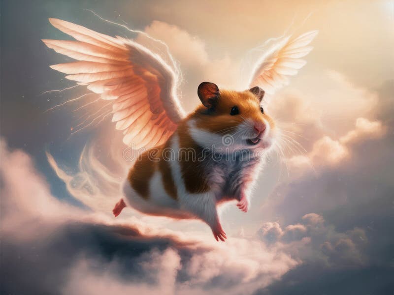 Cute hamster angel in animal heaven. Oil painting on canvas with texture and brush strokes. Grief card. Ideal of crematories, pet shops, parents and friends. Painting watercolor Pet paradise Afterlife