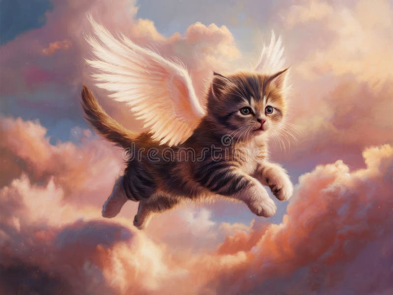 Cute kitten angel in animal heaven. Oil painting on canvas with texture and brush strokes. Grief card. Ideal of crematories, pet shops, parents and friends. Painting watercolor. Pet paradise Afterlife