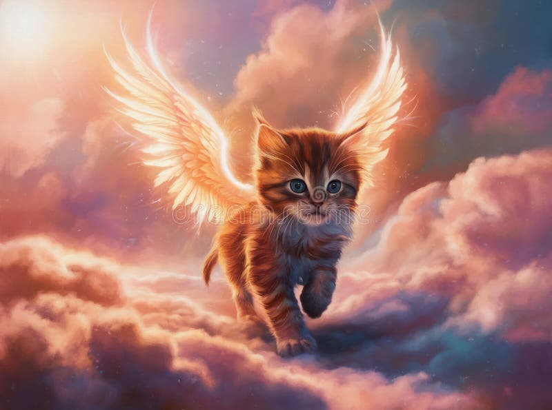 Cute kitten angel in animal heaven. Oil painting on canvas with texture and brush strokes. Grief card. Ideal of crematories, pet shops, parents and friends. Painting watercolor. Pet paradise Afterlife