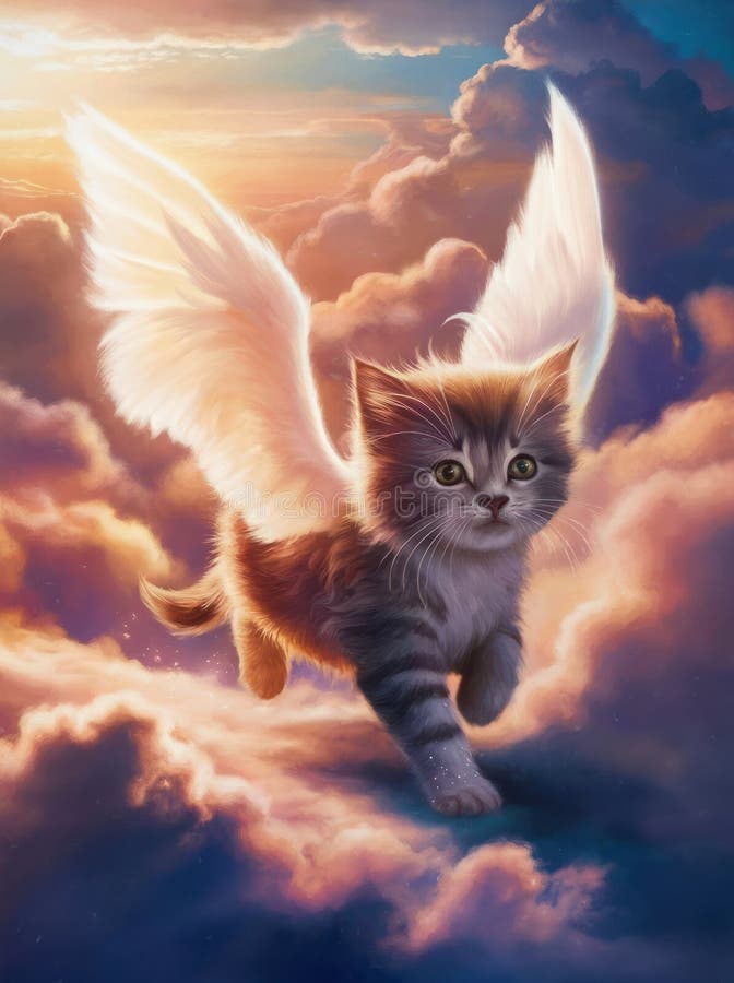 Cute kitten angel in animal heaven. Oil painting on canvas with texture and brush strokes. Grief card. Ideal of crematories, pet shops, parents and friends. Painting watercolor. Pet paradise Afterlife