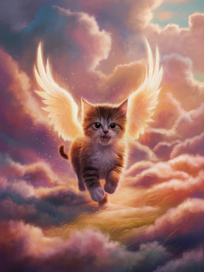 Cute kitten angel in animal heaven. Oil painting on canvas with texture and brush strokes. Grief card. Ideal of crematories, pet shops, parents and friends. Painting watercolor. Pet paradise Afterlife