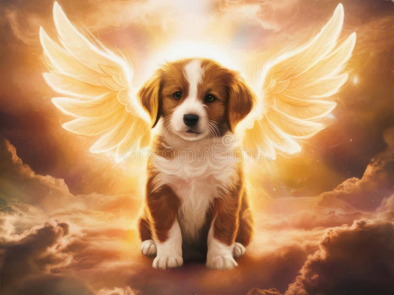 Cute puppy angel in animal heaven. Oil painting on canvas with texture and brush strokes. Grief card. Ideal of crematories, pet shops, parents and friends. Painting watercolor. Pet paradise. Afterlife