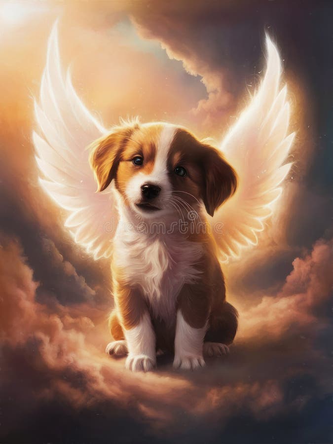 Cute puppy angel in animal heaven. Oil painting on canvas with texture and brush strokes. Grief card. Ideal of crematories, pet shops, parents and friends. Painting watercolor. Pet paradise. Afterlife
