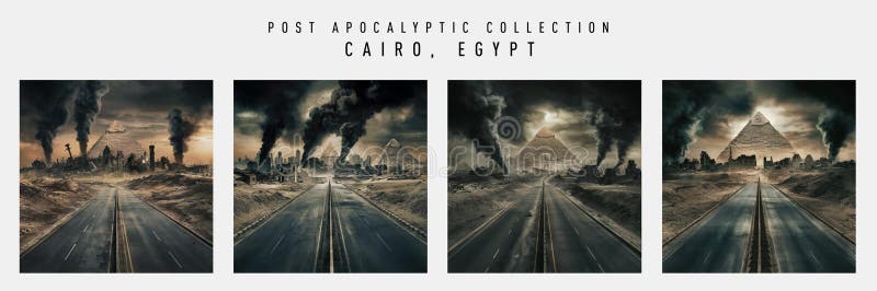 Post Apocalyptic cinematic fictional Cairo, Egypt city skyline. Highway leading to a Armageddon end of the world city. Zombie, alien invasion, sci-fi, survivor, apocalypse, global disaster. Apocalyptic road illustrations