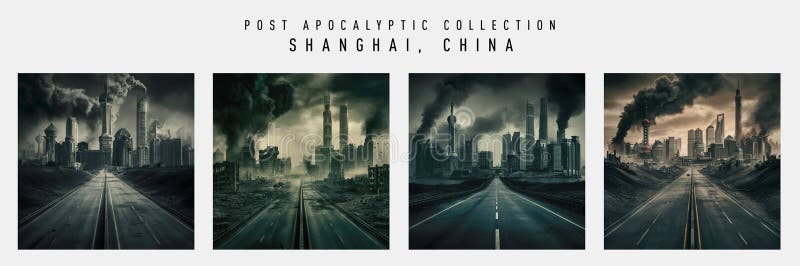 Post Apocalyptic cinematic fictional Shanghai, China city skyline. Highway leading to a Armageddon end of the world city. Zombie, alien invasion, sci-fi, survivor, apocalypse, global disaster. Apocalyptic road illustrations