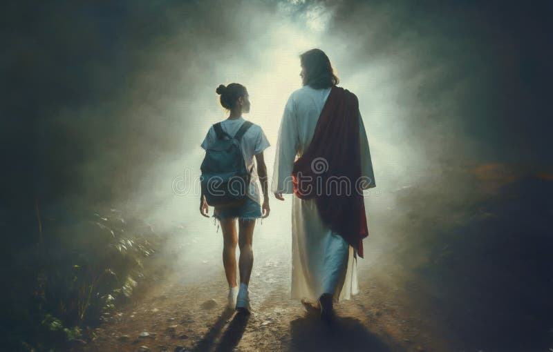 Jesus walking side by side with a teen girl stock illustration