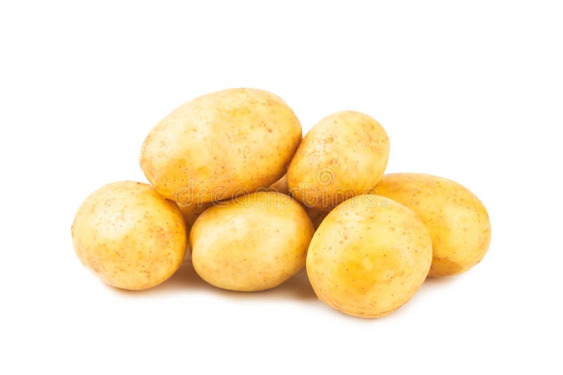 Young potatoes. Raw potatoes isolated on white background. Peel potatoes. Harvesting collection. organic, freshly dug potatoes. Agricultural background. Vegan. Vegetables. Potato slices.