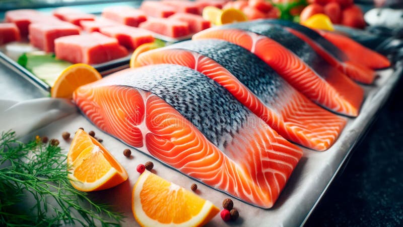 Raw salmon fish fillet on a supermarket display, close-up. Generated AI