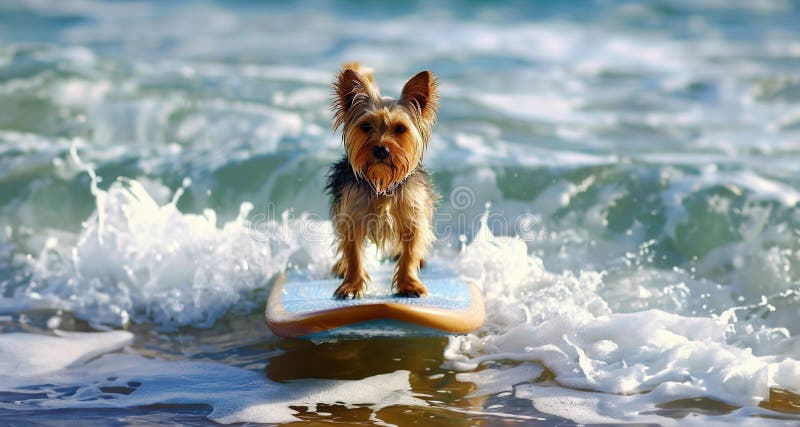 Yorkie Dog Surfing on a Surfboard in the Ocean Stock Illustration