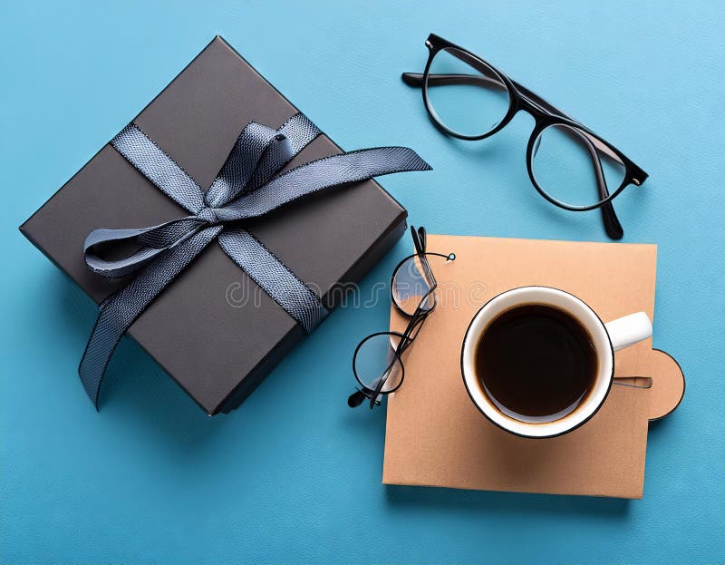 Cup of coffee, gift box and eyeglasses on blue background. Newspaper gift illustrations