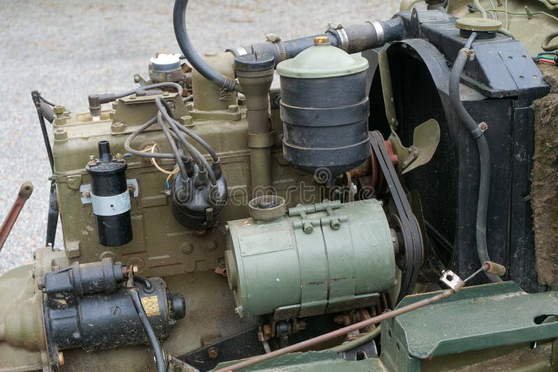 Old engine of military vehicle stock image