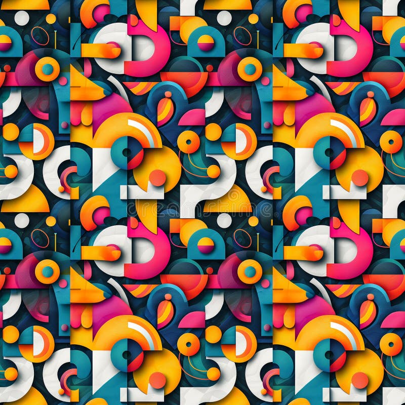 Abstract geometric pattern with bright colors and shapes. A colorful abstract geometric pattern with overlapping circles, semicircles, squares, and triangles.