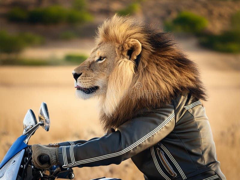 AI Generated Image. a Lion with a Motorcycle. Stock Illustration