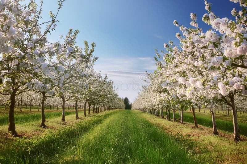 An AI-generated image of an orchard bursting into full bloom, with rows of flowering fruit trees. The delicate pink blossoms set against the clear blue sky offer a striking contrast and signify the renewal of spring. This image is perfect for themes related to agriculture, springtime, and natural beauty. Bursting bloom illustrations