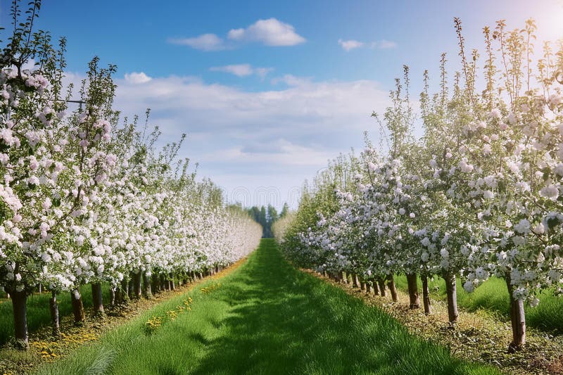 An AI-generated image of an orchard bursting into full bloom, with rows of flowering fruit trees. The delicate pink blossoms set against the clear blue sky offer a striking contrast and signify the renewal of spring. This image is perfect for themes related to agriculture, springtime, and natural beauty. Bursting bloom illustrations