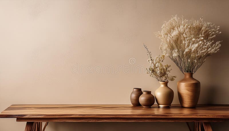 Rustic wood console table against beige stucco wall with copy space. Home decor wooden console table illustrations