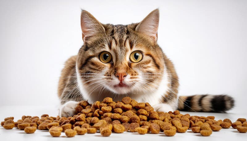 Domestic cat eating dry cat food on white background_ vector illustration