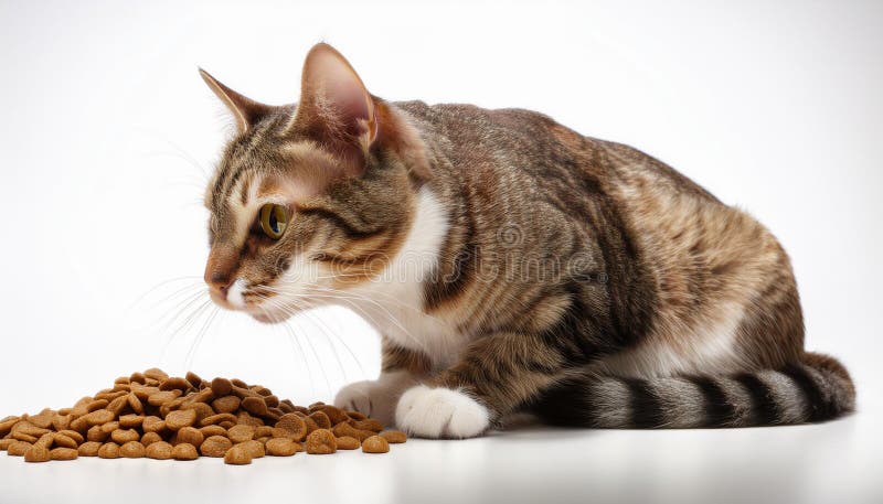 Domestic cat eating dry cat food on white background_ royalty free illustration