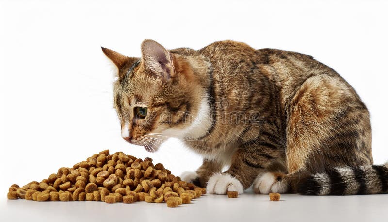 Domestic cat eating dry cat food on white background_ royalty free illustration