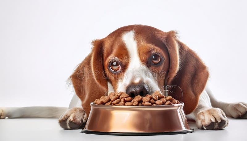 Domestic dog eating dry dog food on white background_ royalty free illustration