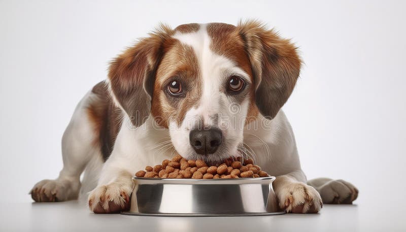 Domestic dog eating dry dog food on white background_ royalty free illustration