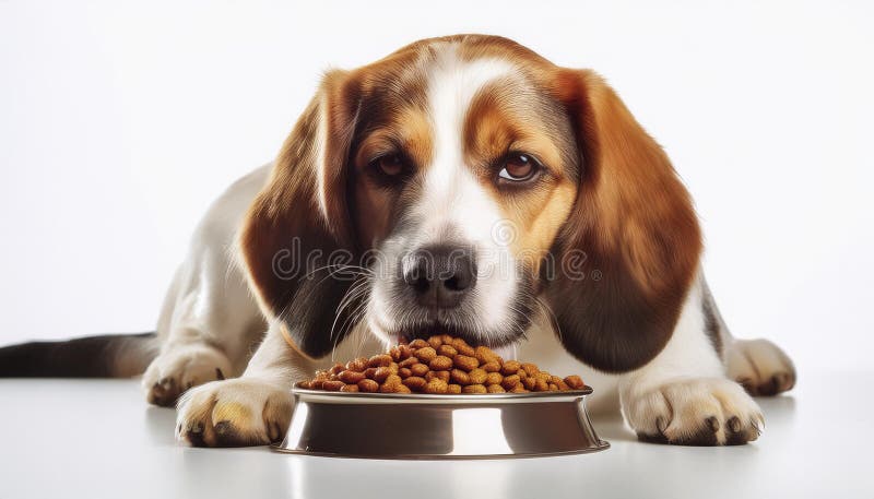 Domestic dog eating dry dog food on white background_ vector illustration