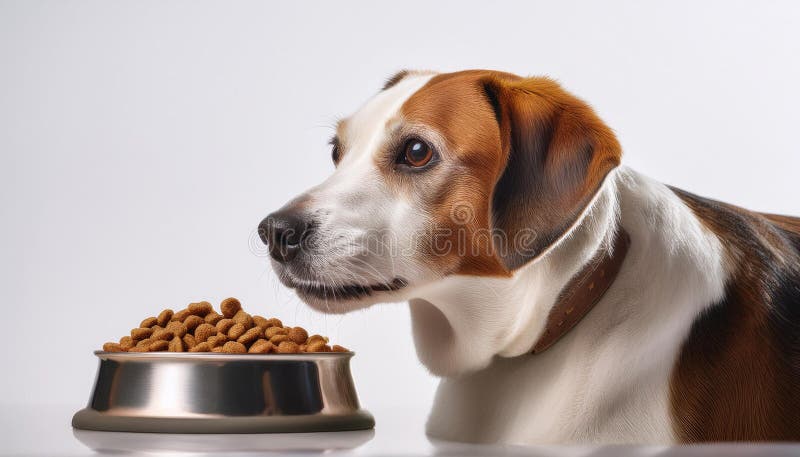 Domestic dog eating dry dog food on white background_ vector illustration