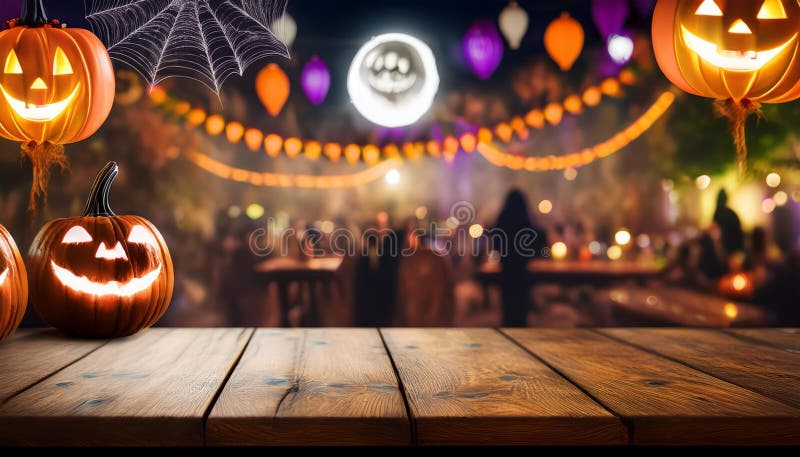 An empty wooden table in the foreground, with a blurred Halloween party scene in the background. The table should be well-lit and textured, providing a clean surface for possible product placement or text. In the blurred background, depict festive Halloween decorations like glowing jack-o -lanterns, hanging spider webs, floating ghosts, and Halloween balloons. Add subtle details like twinkling string lights and silhouettes of costumed partygoers to create a lively yet soft atmosphere, allowing the empty table to stand out as the focal point while still capturing the festive Halloween spirit.