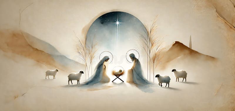 Watercolor painting Nativity scene in Bethlehem. Christmas scene illustration showing holy family