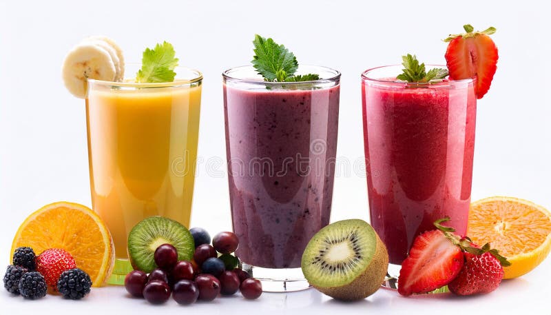 Fruit smoothies with black currant, strawberry, kiwi, orange and banana on white background. Ai Generated Image
