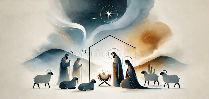 Watercolor painting Nativity scene in Bethlehem. Christmas scene illustration showing holy family
