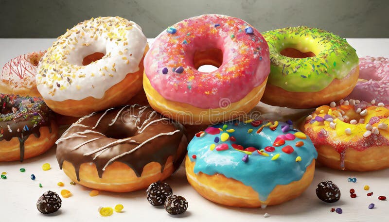 Colorful donuts. Assortiment of donuts with various colors and toppings. royalty free illustration