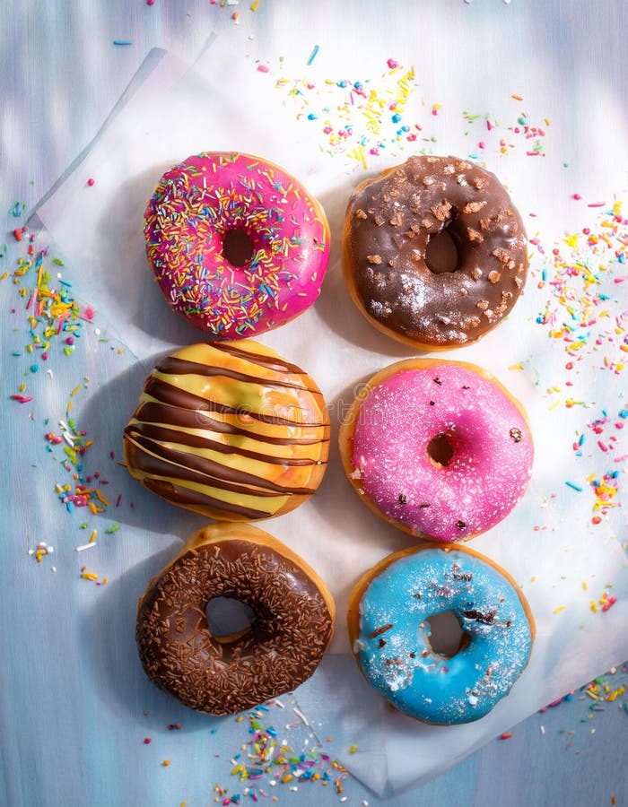 Colorful donuts. Assortiment of donuts with various colors and toppings. royalty free illustration