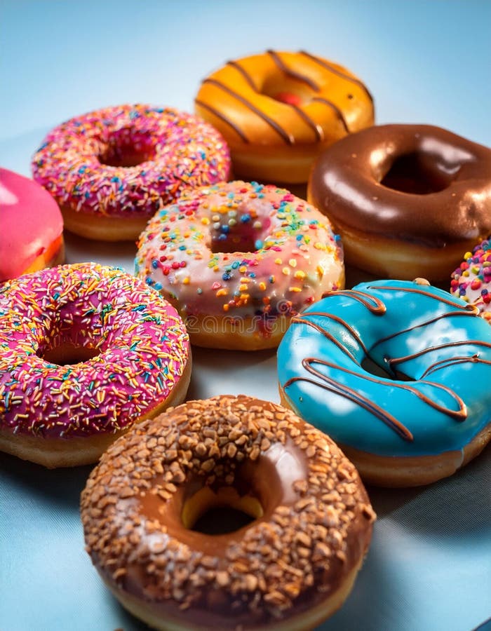 Colorful donuts. Assortiment of donuts with various colors and toppings. stock illustration